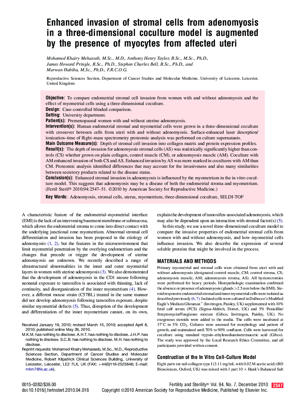 Enhanced invasion of stromal cells from adenomyosis in a three-dimensional coculture model is augmented by the presence of myocytes from affected uteri