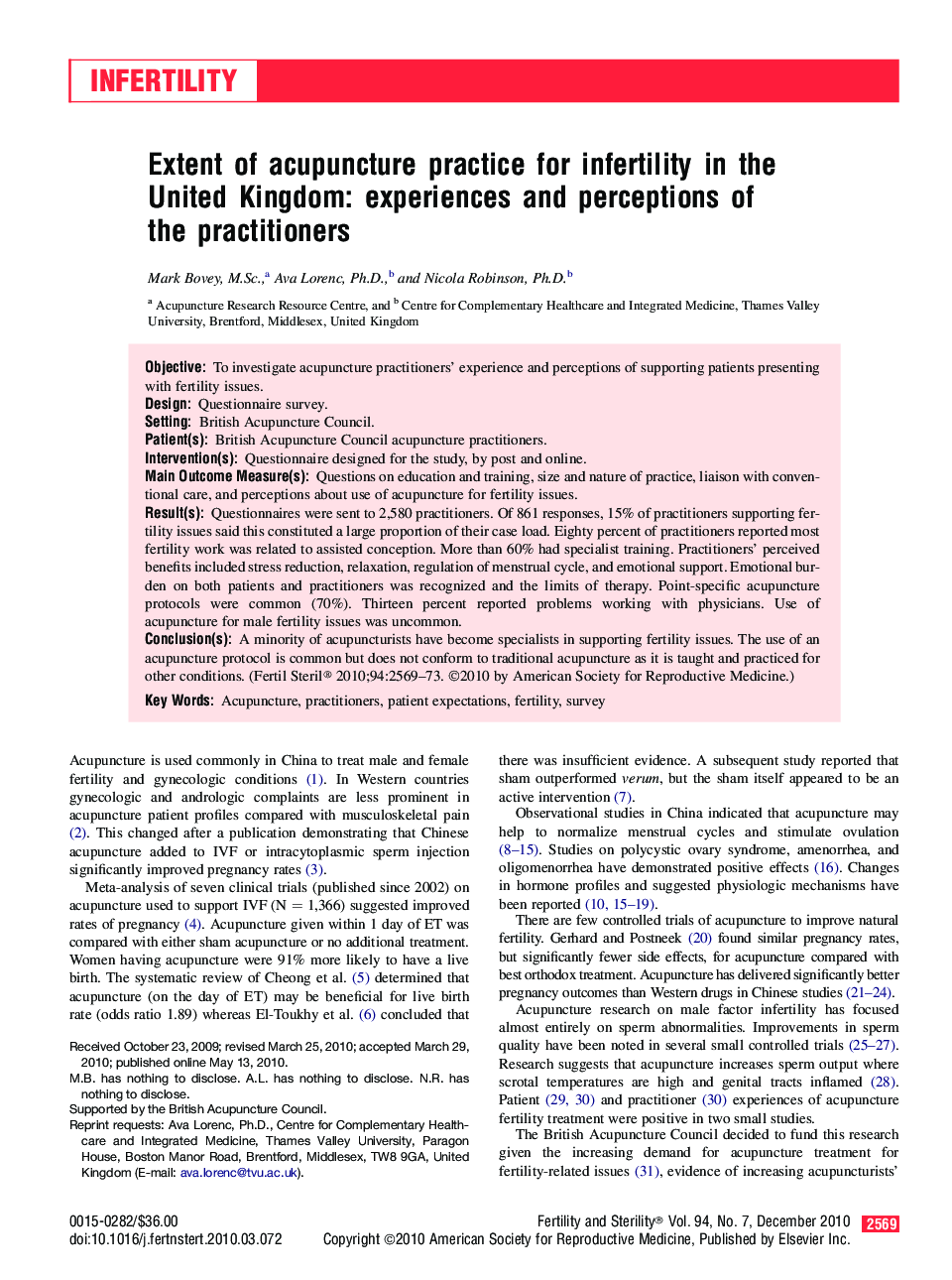 Extent of acupuncture practice for infertility in the United Kingdom: experiences and perceptions of the practitioners