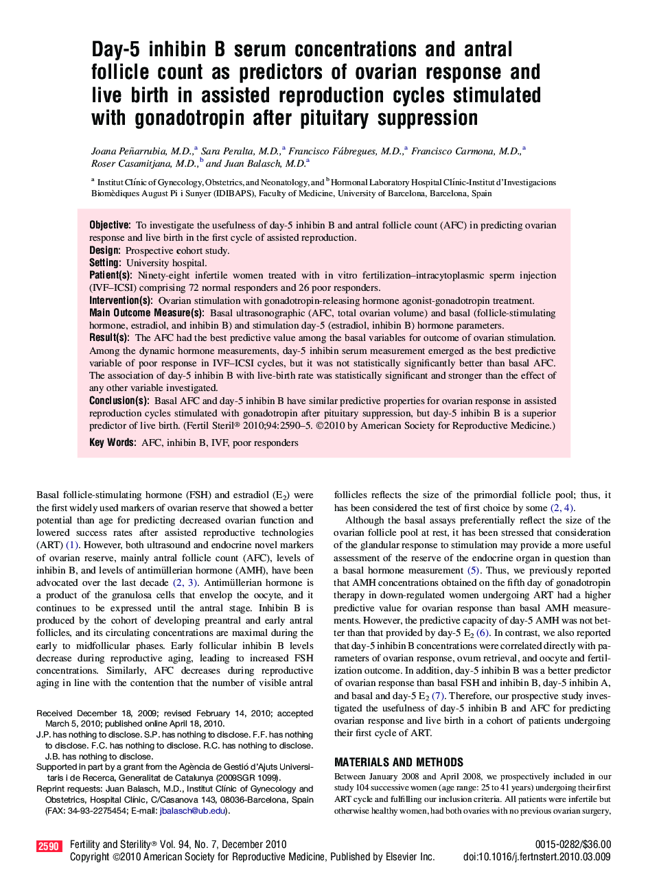 Day-5 inhibin B serum concentrations and antral follicle count as predictors of ovarian response and live birth in assisted reproduction cycles stimulated with gonadotropin after pituitary suppression