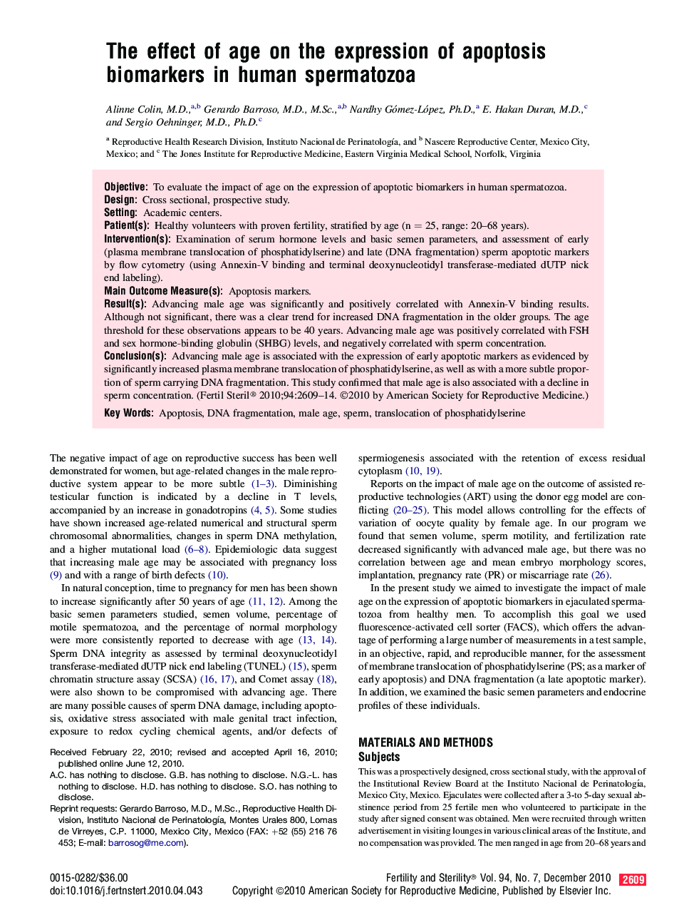 The effect of age on the expression of apoptosis biomarkers in human spermatozoa