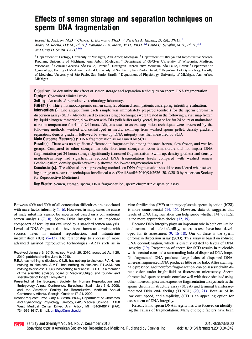 Effects of semen storage and separation techniques on sperm DNA fragmentation