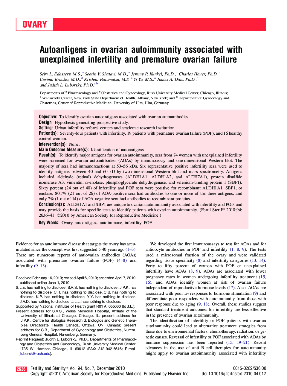 Autoantigens in ovarian autoimmunity associated with unexplained infertility and premature ovarian failure