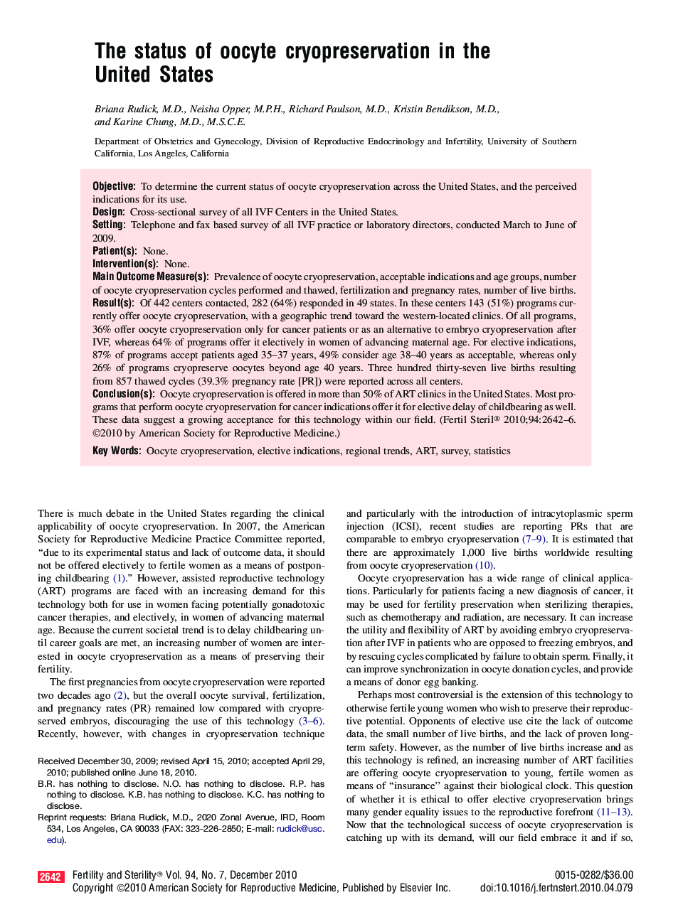 The status of oocyte cryopreservation in the United States