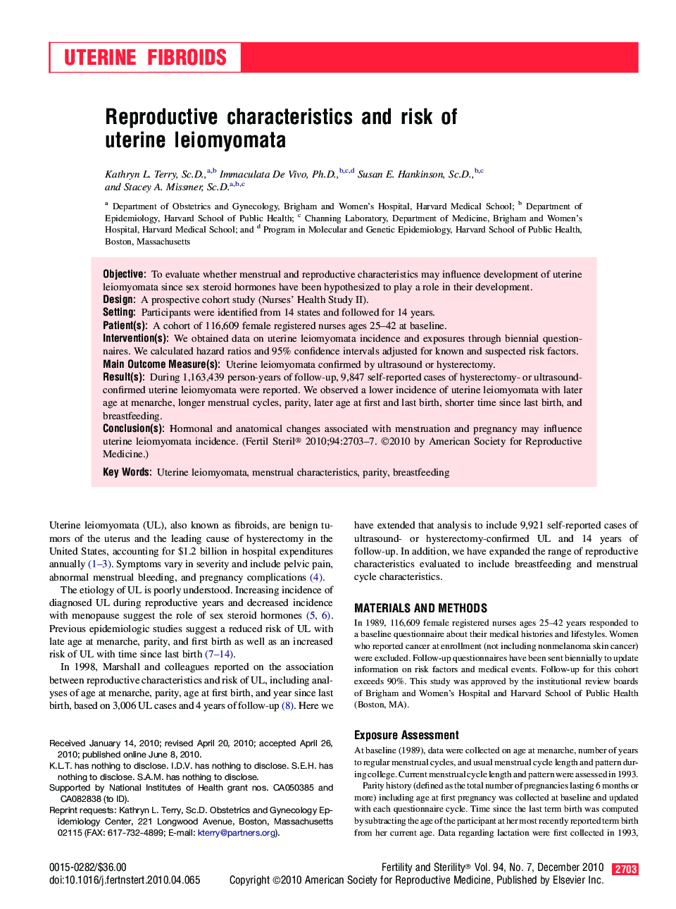 Reproductive characteristics and risk of uterine leiomyomata