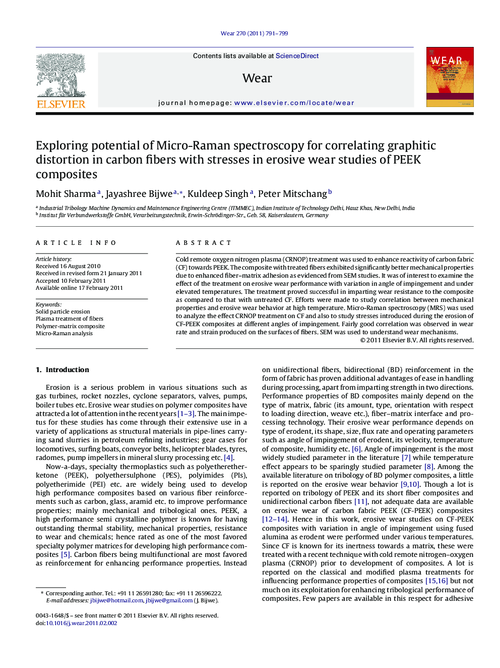 Exploring potential of Micro-Raman spectroscopy for correlating graphitic distortion in carbon fibers with stresses in erosive wear studies of PEEK composites