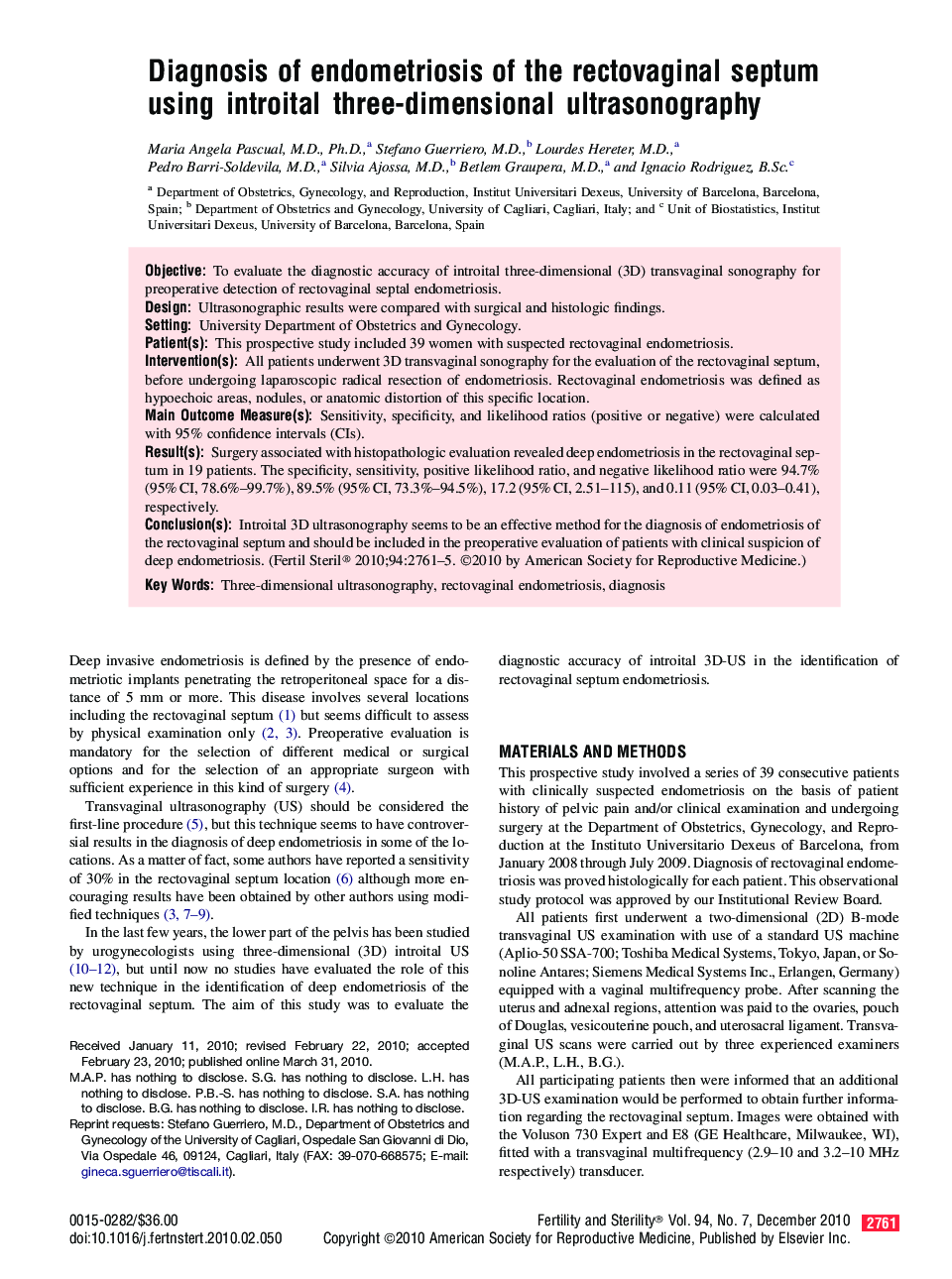 Diagnosis of endometriosis of the rectovaginal septum using introital three-dimensional ultrasonography