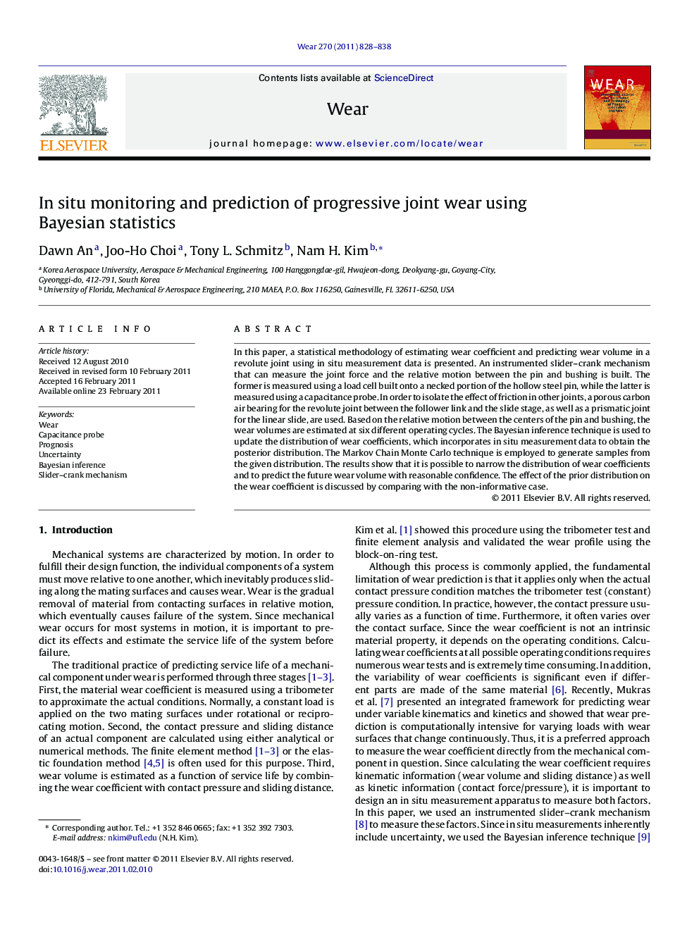 In situ monitoring and prediction of progressive joint wear using Bayesian statistics