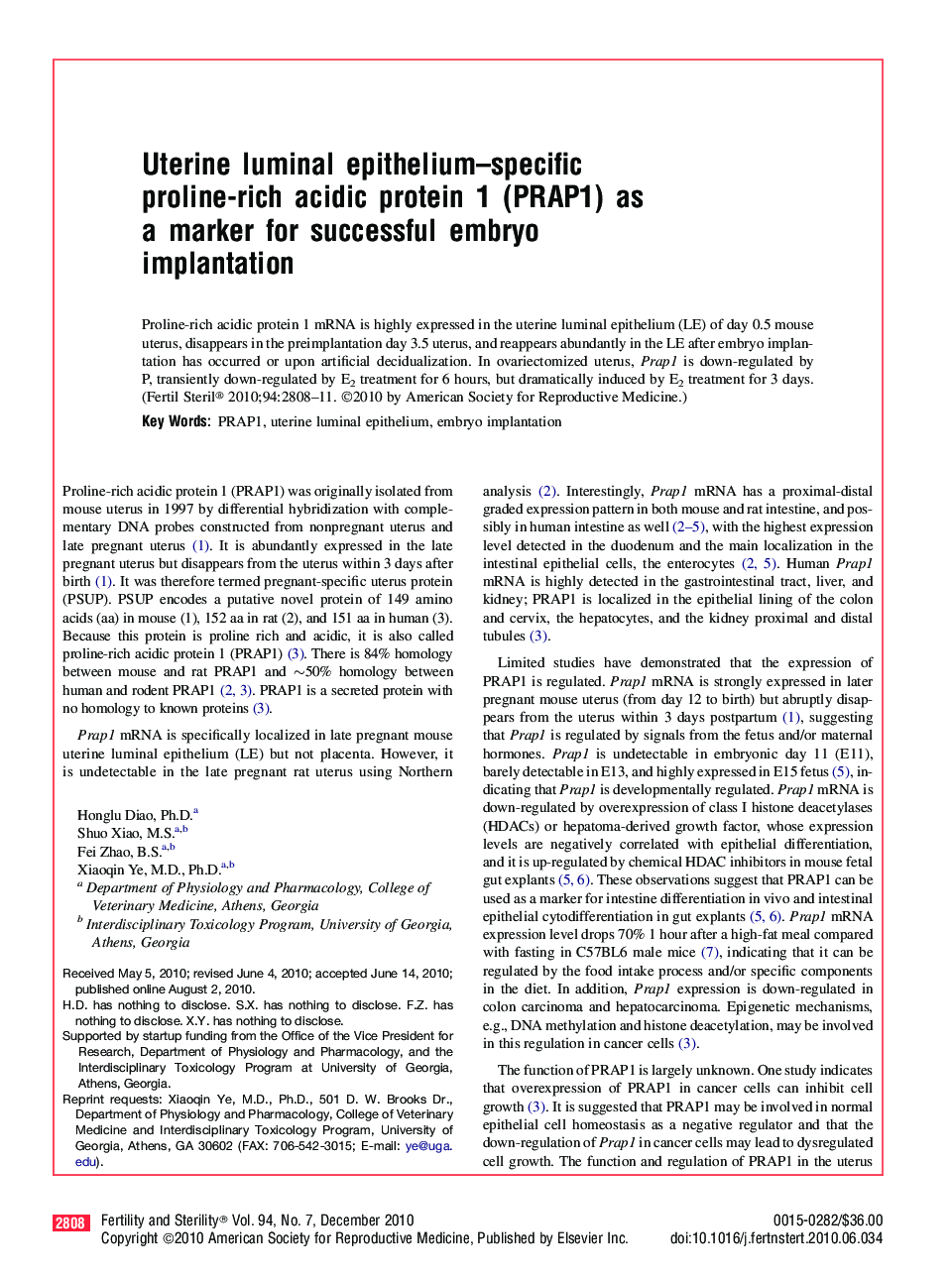 Uterine luminal epithelium-specific proline-rich acidic protein 1 (PRAP1) as a marker for successful embryo implantation