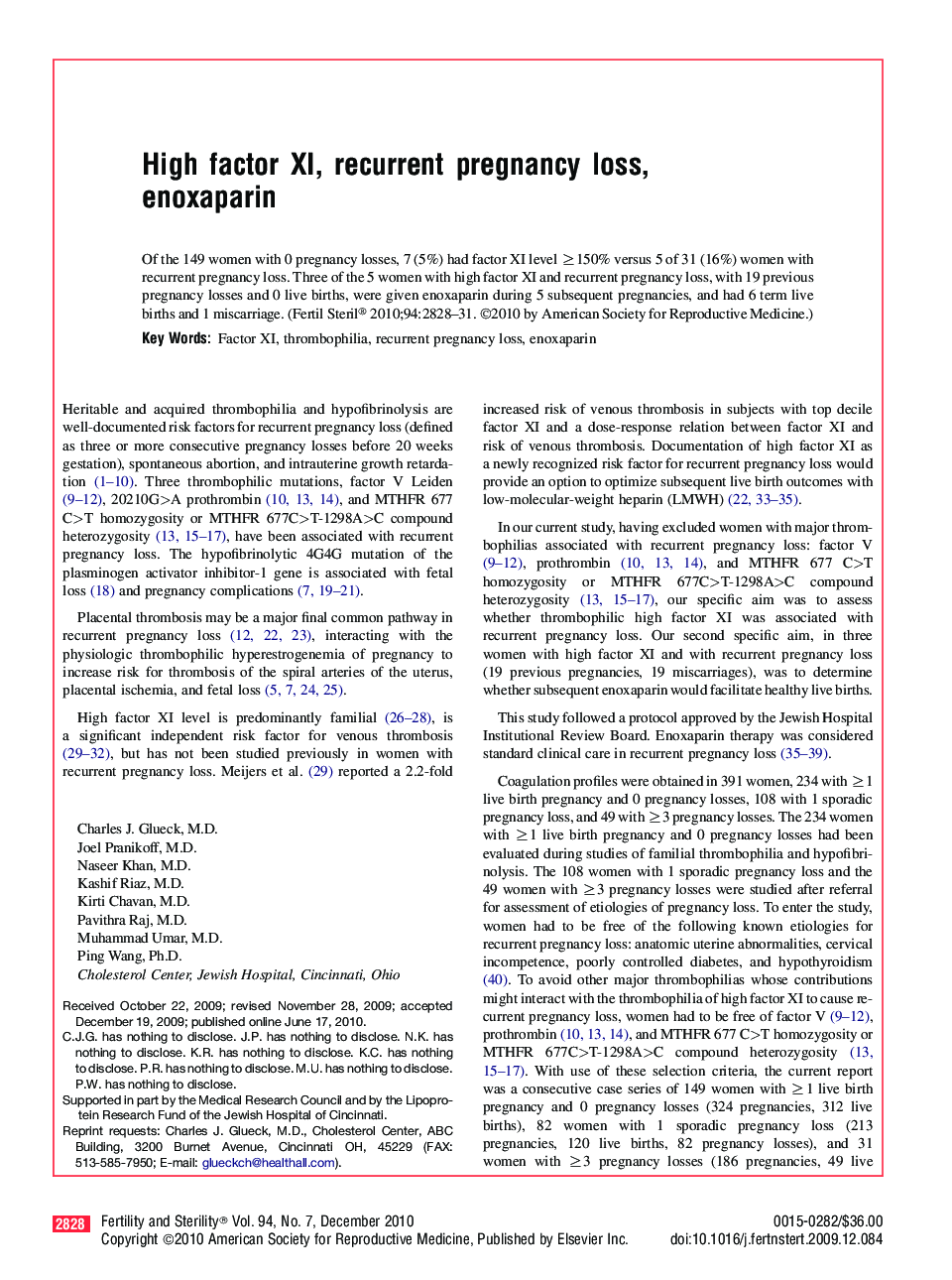 High factor XI, recurrent pregnancy loss, enoxaparin