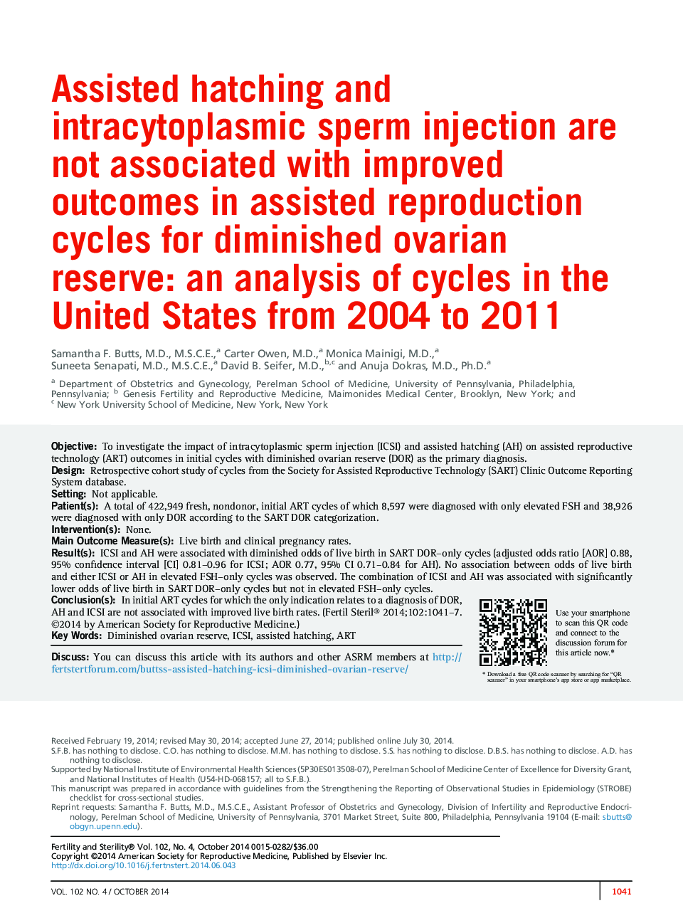 کمک هورمونی و تزریق اسپرم داخل سیتوپلاسمی با نتایج بهبود یافته در دوره های کمک تولید مثل برای کاهش تخفیف تخمدان همراه نیست: تجزیه و تحلیل چرخه در ایالات متحده از 2004 تا 2011 