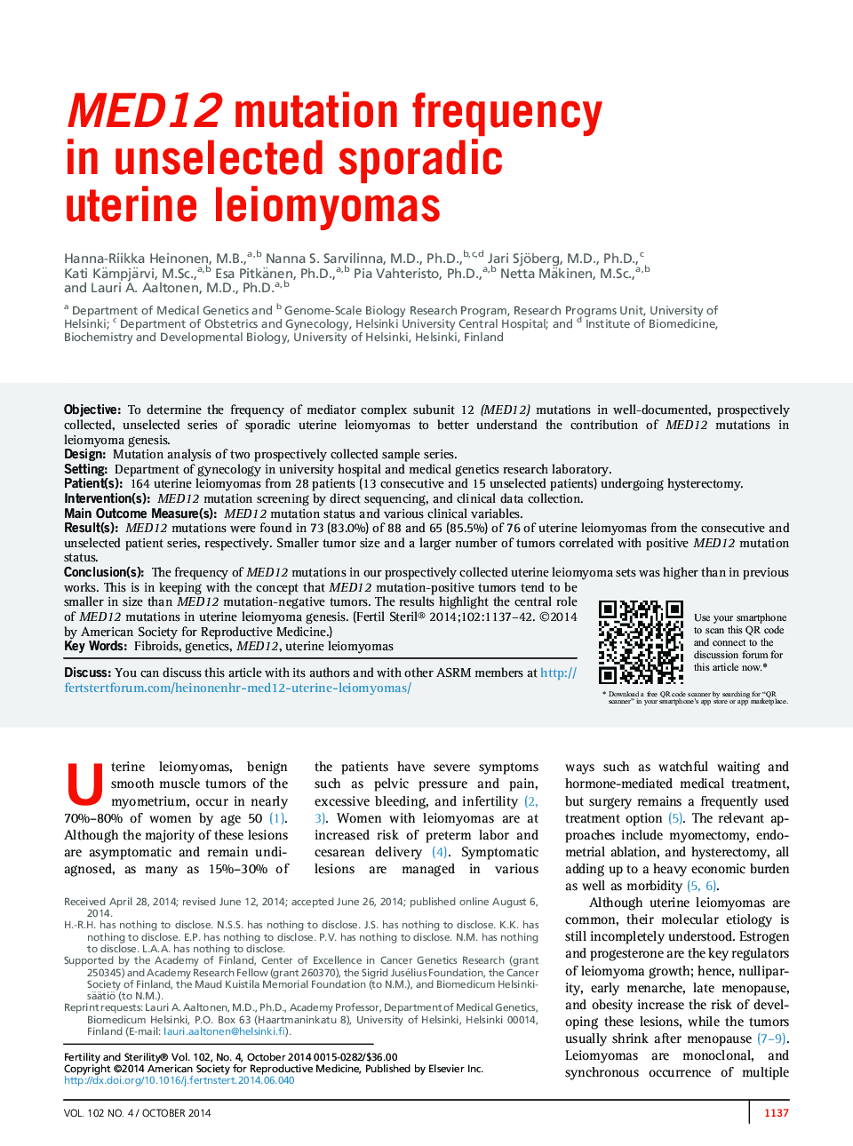 MED12 mutation frequency in unselected sporadic uterine leiomyomas