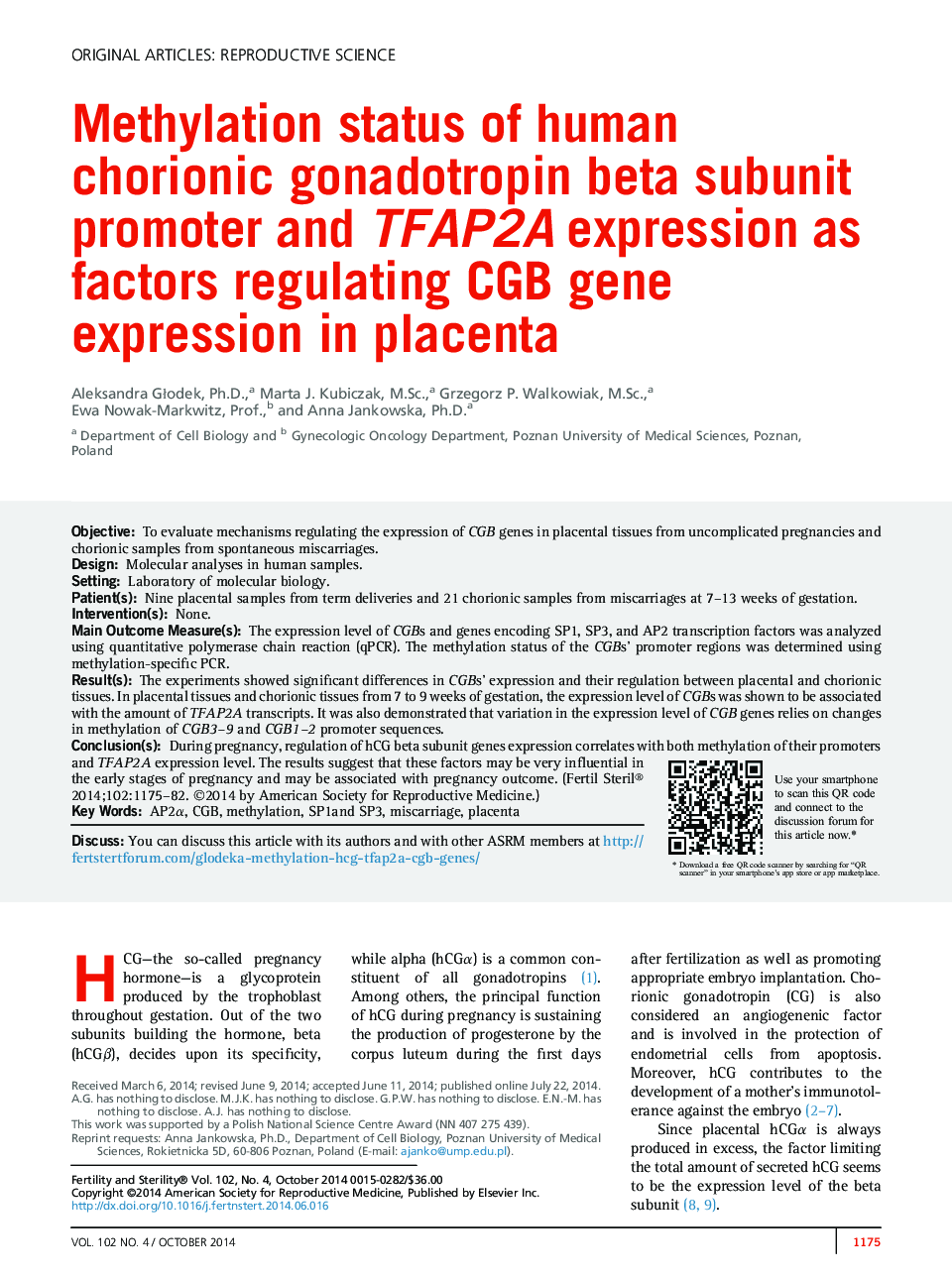 Methylation status of human chorionic gonadotropin beta subunit promoter and TFAP2A expression as factors regulating CGB gene expression in placenta