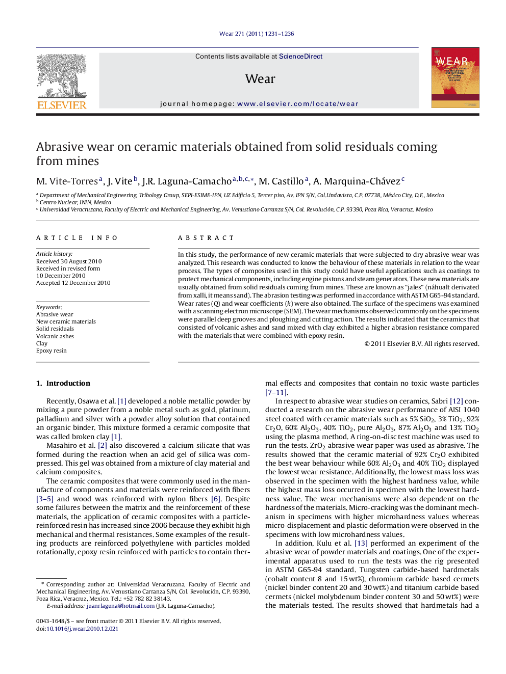 Abrasive wear on ceramic materials obtained from solid residuals coming from mines