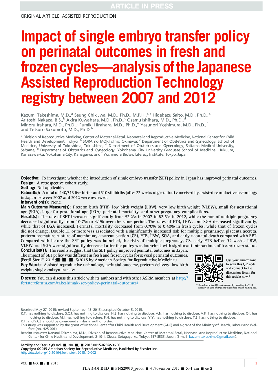 تأثیر سیاست انتقال تک جنین بر نتایج پیش از تولد در دوره های تازه و یخ زده- تجزیه و تحلیل رجیستری تکنولوژی تولید مجدد ژاپنی در سال های 2007 تا 2012 