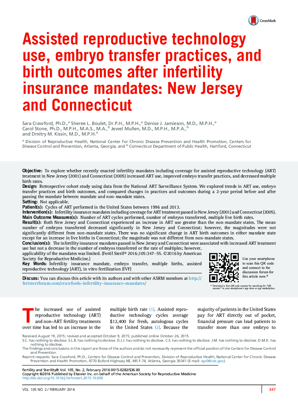 Assisted reproductive technology use, embryo transfer practices, and birth outcomes after infertility insurance mandates: New Jersey and Connecticut