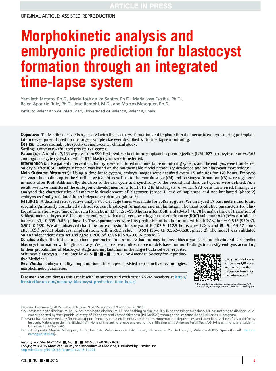 Morphokinetic analysis and embryonic prediction for blastocyst formation through an integrated time-lapse system