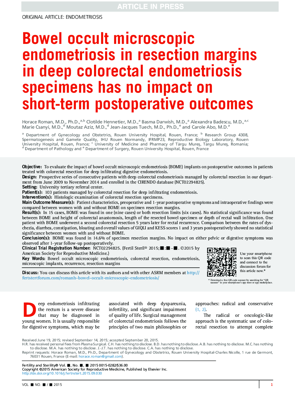 Bowel occult microscopic endometriosis in resection margins in deep colorectal endometriosis specimens has no impact on short-term postoperative outcomes