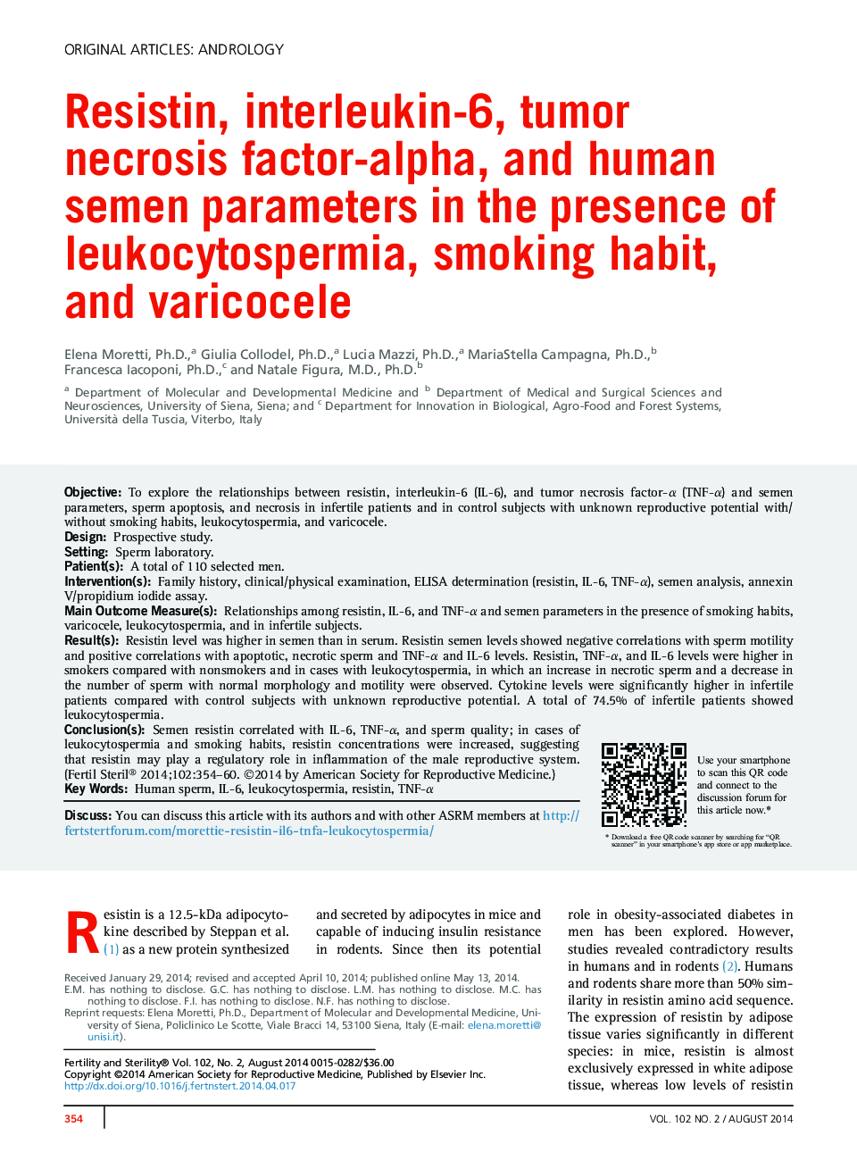 Resistin, interleukin-6, tumor necrosis factor-alpha, and human semen parameters in the presence of leukocytospermia, smoking habit, and varicocele