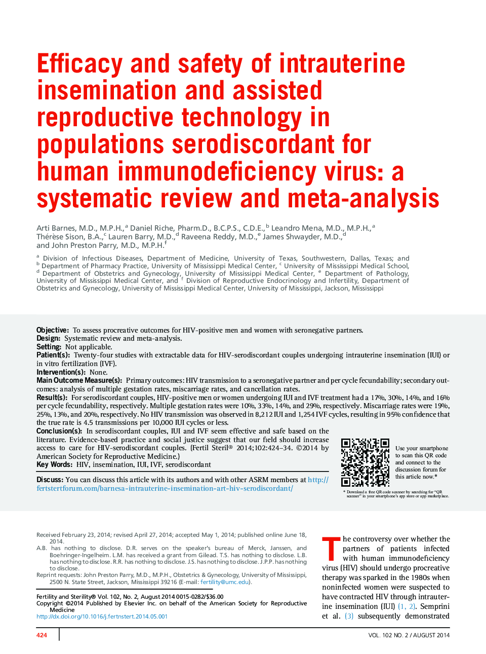 اثربخشی و ایمنی تلقیح داخل رحمی و تکنولوژی تولید مثل در جمعیت های مبتلا به ویروس نقص ایمنی بدن: یک بررسی سیستماتیک و متا آنالیز 