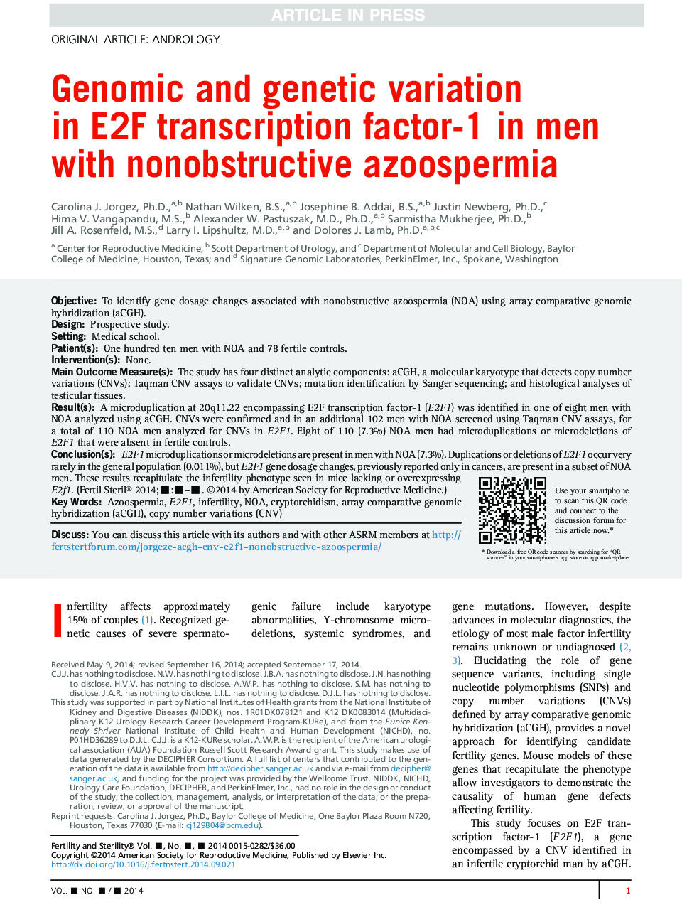 Genomic and genetic variation inÂ E2FÂ transcription factor-1 in men withÂ nonobstructive azoospermia