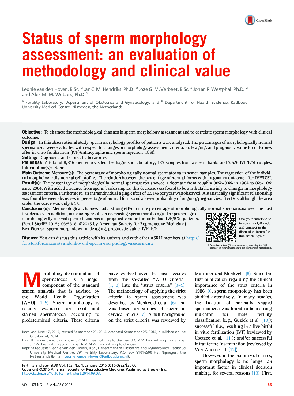 Status of sperm morphology assessment: an evaluation of methodology and clinical value