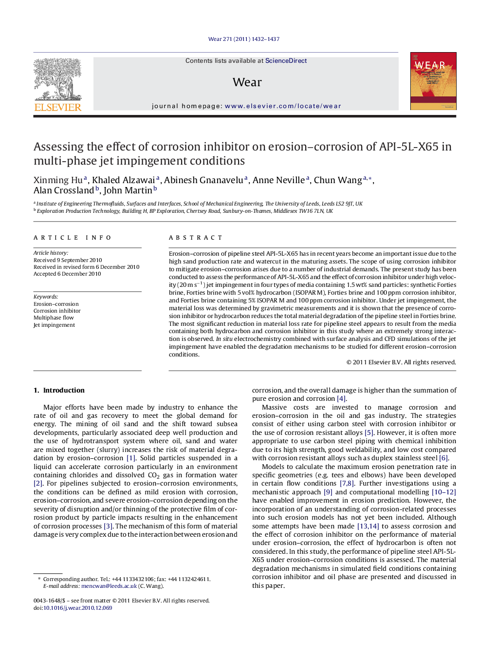 Assessing the effect of corrosion inhibitor on erosion–corrosion of API-5L-X65 in multi-phase jet impingement conditions