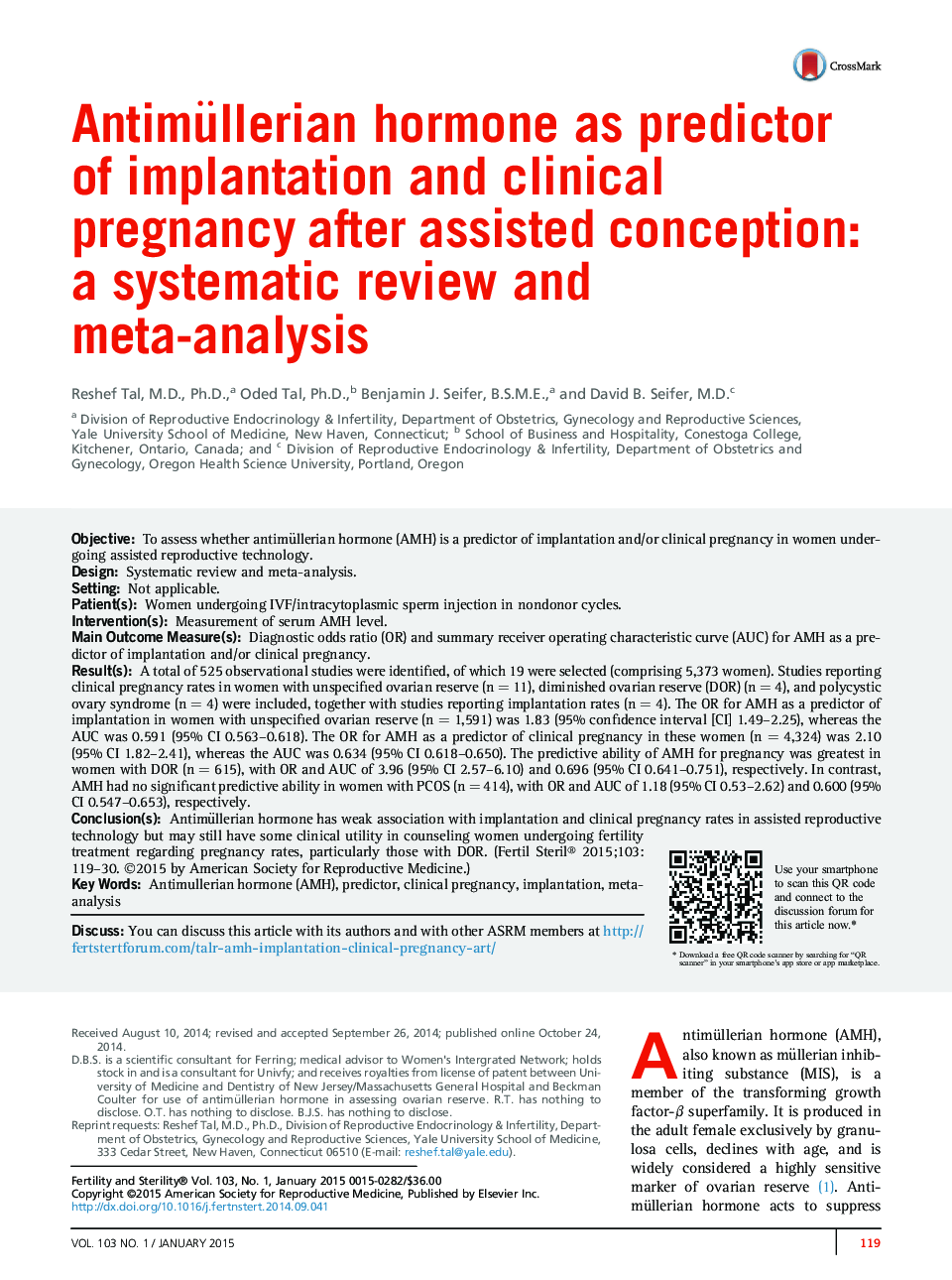 Antimüllerian hormone as predictor of implantation and clinical pregnancy after assisted conception: a systematic review and meta-analysis