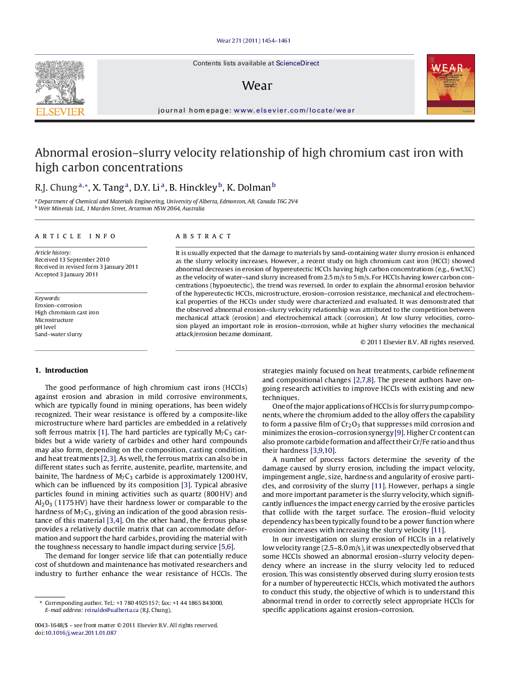 Abnormal erosion–slurry velocity relationship of high chromium cast iron with high carbon concentrations