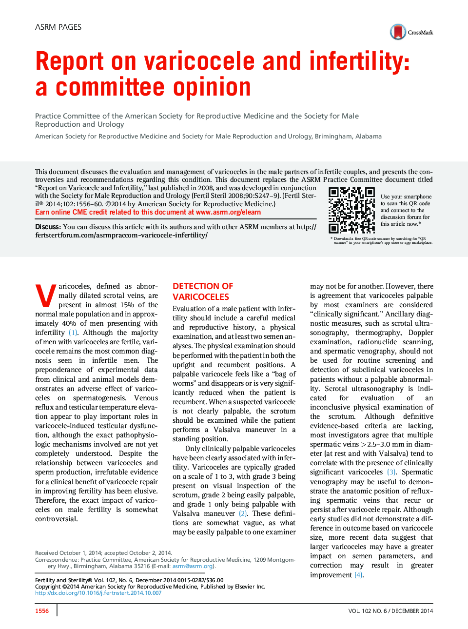 Report on varicocele and infertility: aÂ committee opinion
