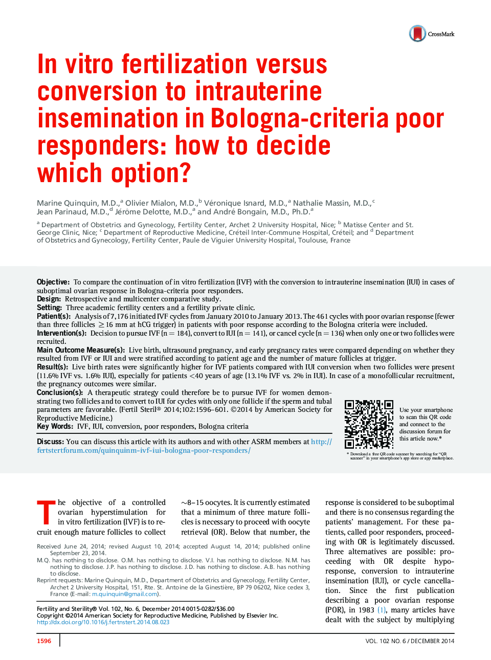 InÂ vitro fertilization versus conversion to intrauterine insemination in Bologna-criteria poor responders: how to decide which option?