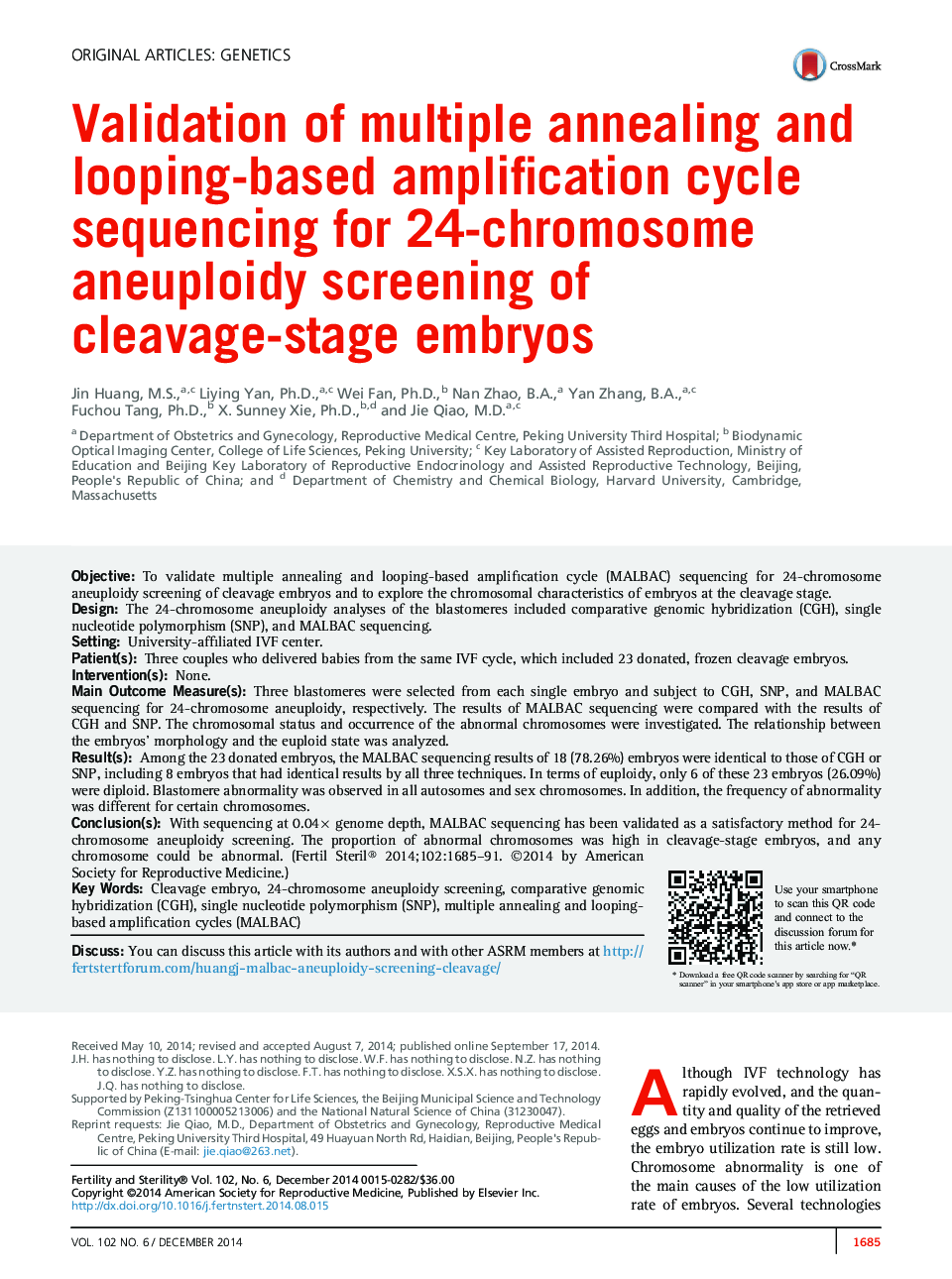Validation of multiple annealing and looping-based amplification cycle sequencing for 24-chromosome aneuploidy screening of cleavage-stage embryos