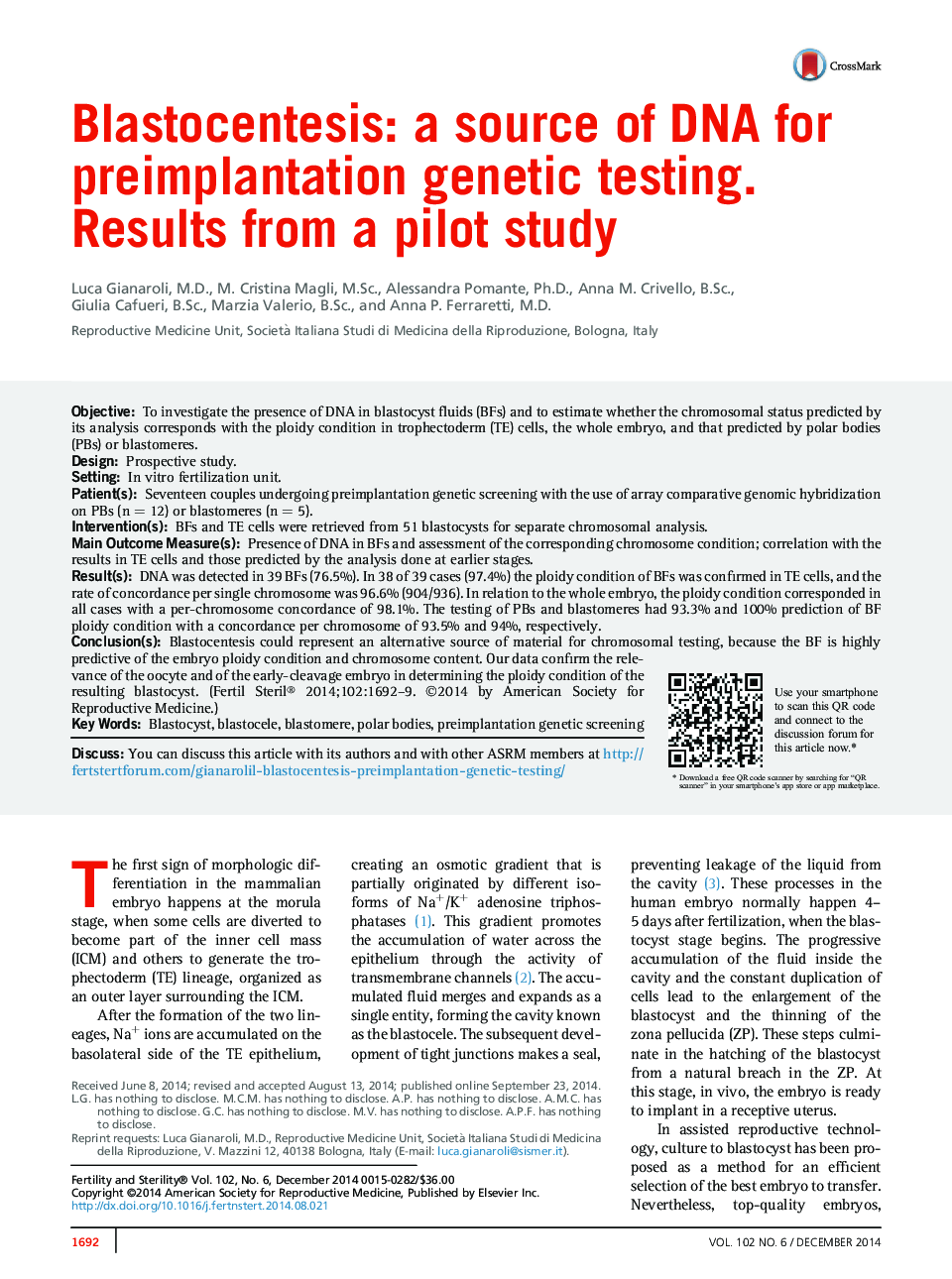 Blastocentesis: a source of DNA for preimplantation genetic testing. Results from a pilot study