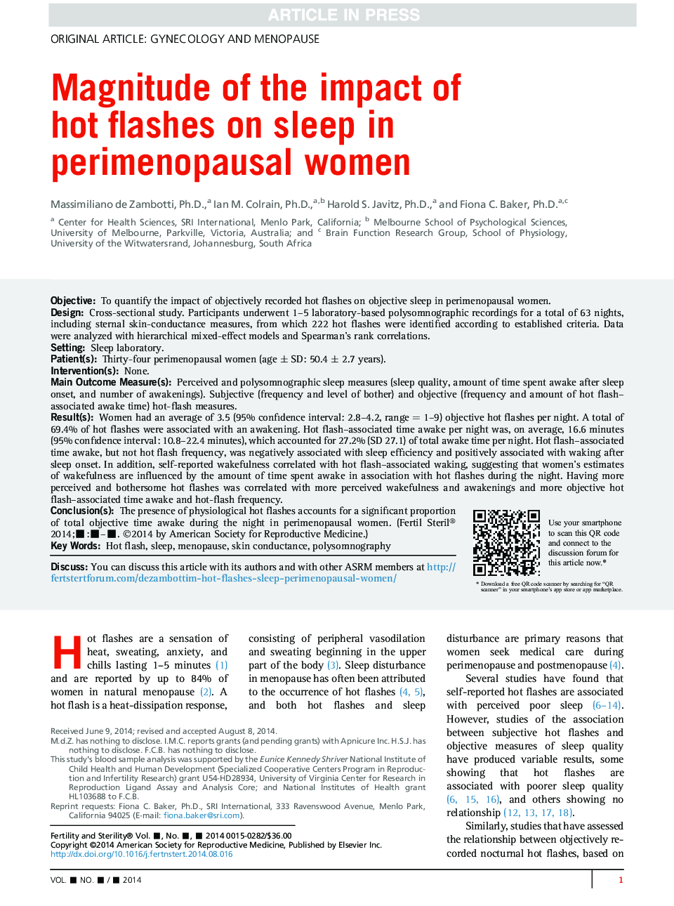 Magnitude of the impact of hotÂ flashes on sleep in perimenopausal women