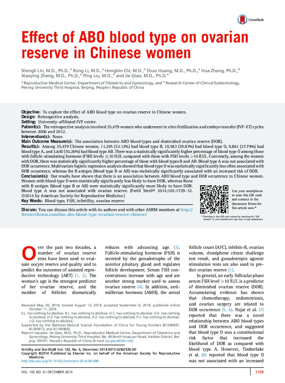 Effect of ABO blood type on ovarian reserve in Chinese women