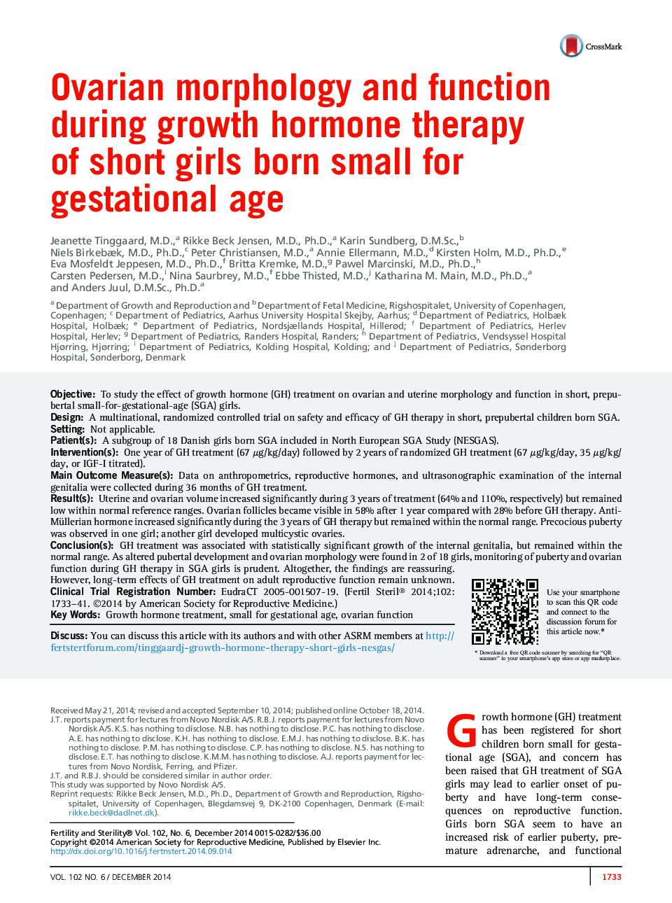 Ovarian morphology and function during growth hormone therapy ofÂ short girls born small for gestational age