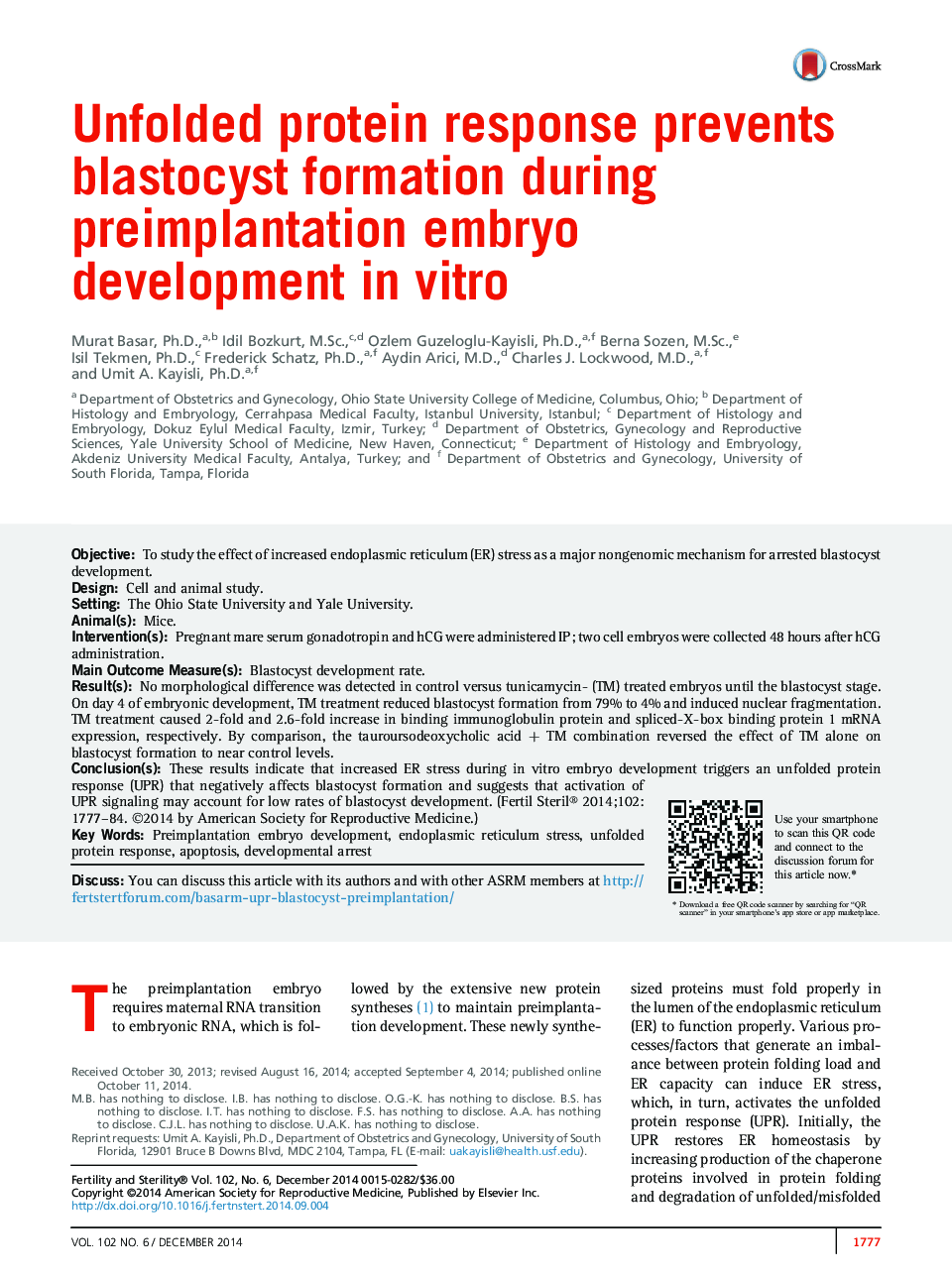 Unfolded protein response prevents blastocyst formation during preimplantation embryo development inÂ vitro