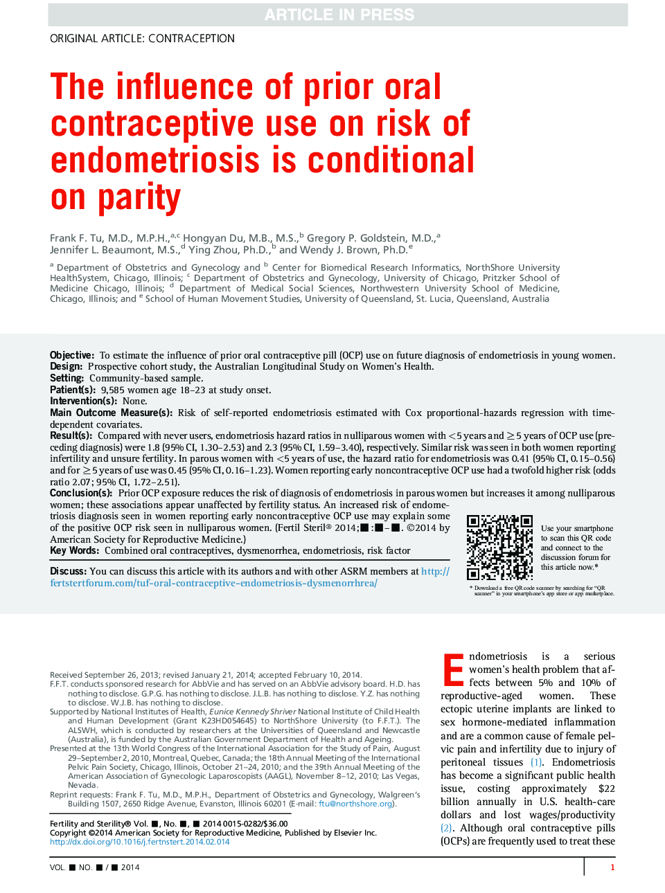 The influence of prior oral contraceptive use on risk of endometriosis is conditional on parity