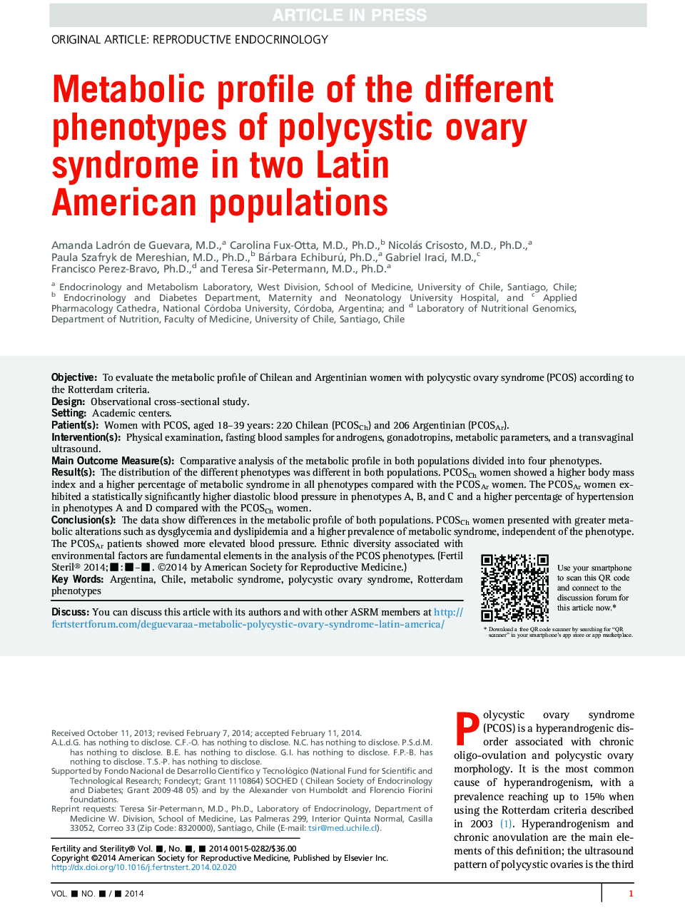 مشخصات متابولیک فنوتیپ های مختلف سندرم تخمدان پلی کیستیک در دو جمعیت آمریکای لاتین 