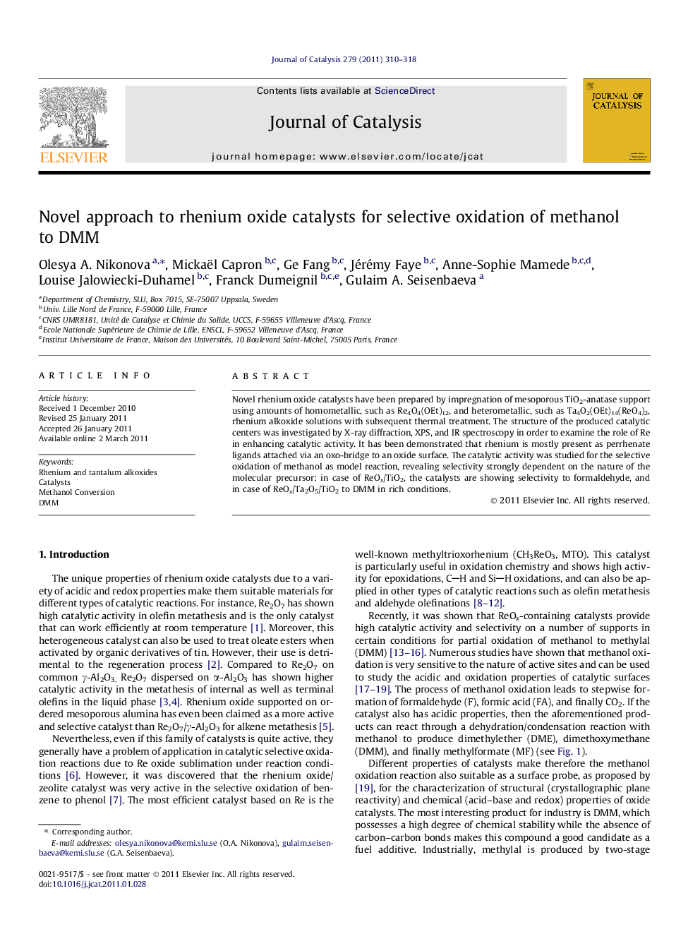 Novel approach to rhenium oxide catalysts for selective oxidation of methanol to DMM