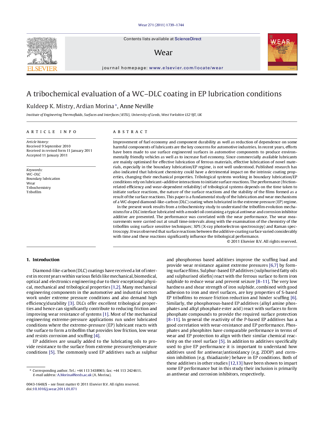 A tribochemical evaluation of a WC–DLC coating in EP lubrication conditions