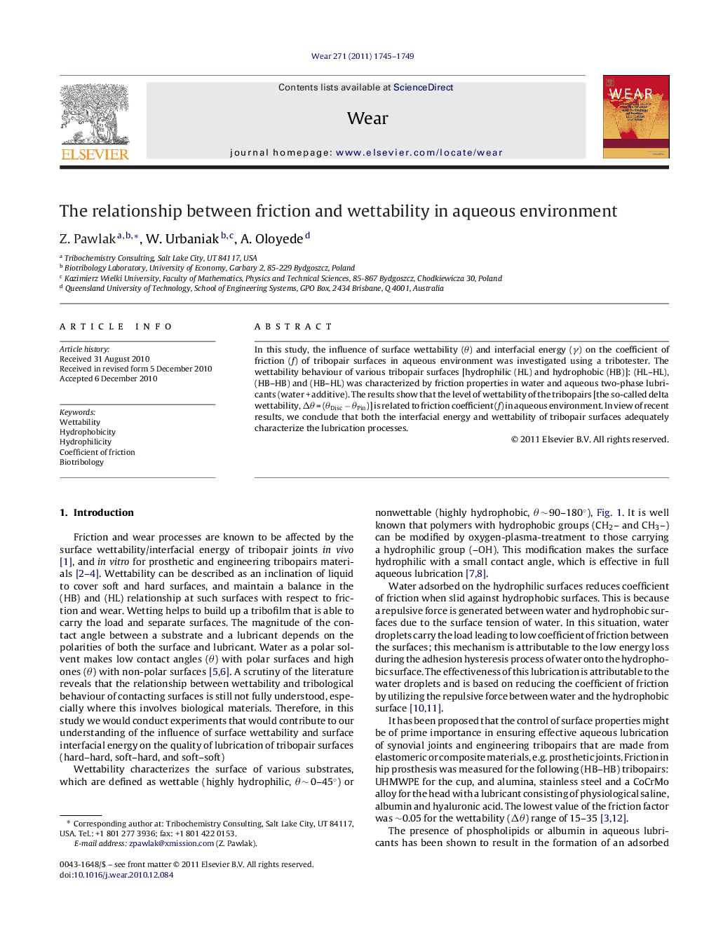 The relationship between friction and wettability in aqueous environment