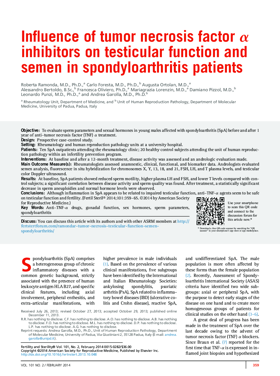 Influence of tumor necrosis factor Î± inhibitors on testicular function and semen in spondyloarthritis patients