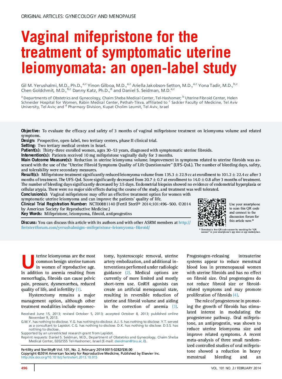 Vaginal mifepristone for the treatment of symptomatic uterine leiomyomata: an open-label study