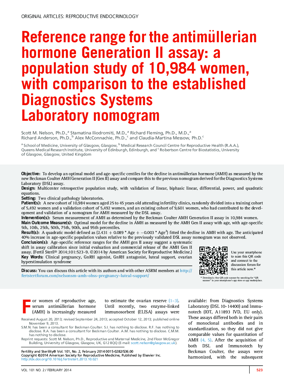 Reference range for the antimüllerian hormone Generation II assay: a population study of 10,984 women, with comparison to the established Diagnostics Systems Laboratory nomogram