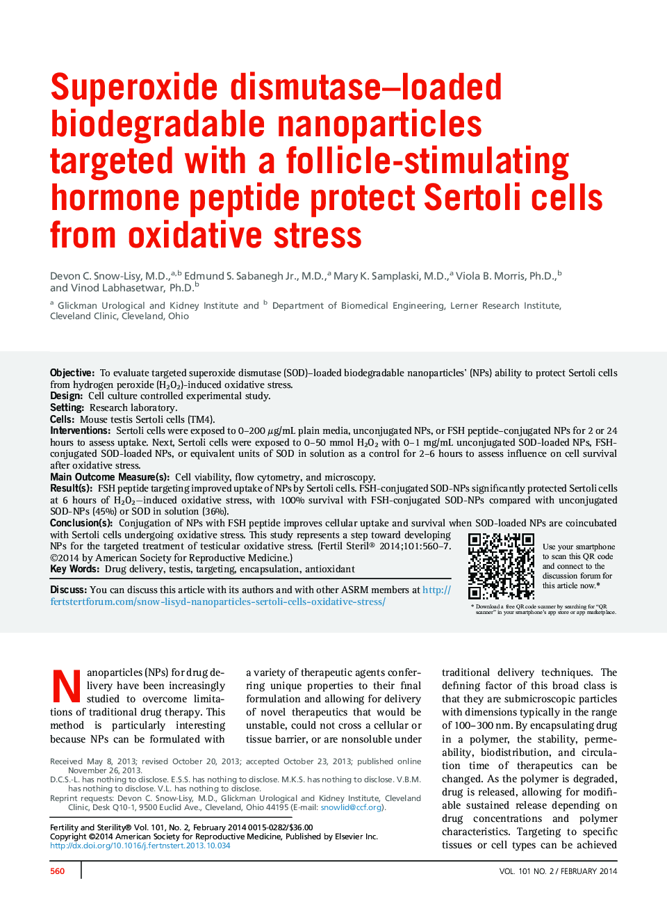 Superoxide dismutase-loaded biodegradable nanoparticles targeted with a follicle-stimulating hormone peptide protect Sertoli cells from oxidative stress