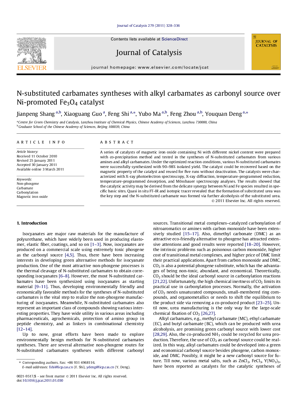 عکس صفحه اول مقاله: N-substituted carbamates syntheses with alkyl carbamates as carbonyl source over Ni-promoted Fe3O4 catalyst N-substituted carbamates syntheses with alkyl carbamates as carbonyl source over Ni-promoted Fe3O4 catalyst