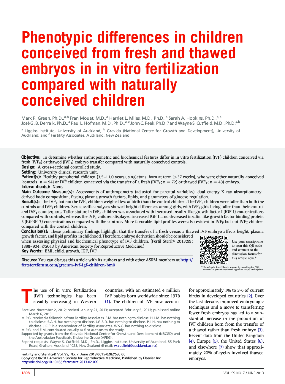 Phenotypic differences in children conceived from fresh and thawed embryos in inÂ vitro fertilization compared with naturally conceived children