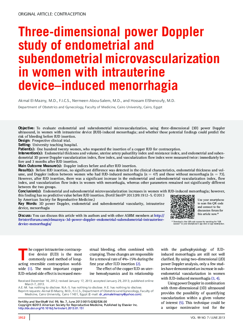 مطالعه دوپلر قدرت سه بعدی در مورد میکرواراسکولاریزاسیون آندومتر و سوندومتر در زنان مبتلا به منوراژی ناشی از دستگاه ادراری 