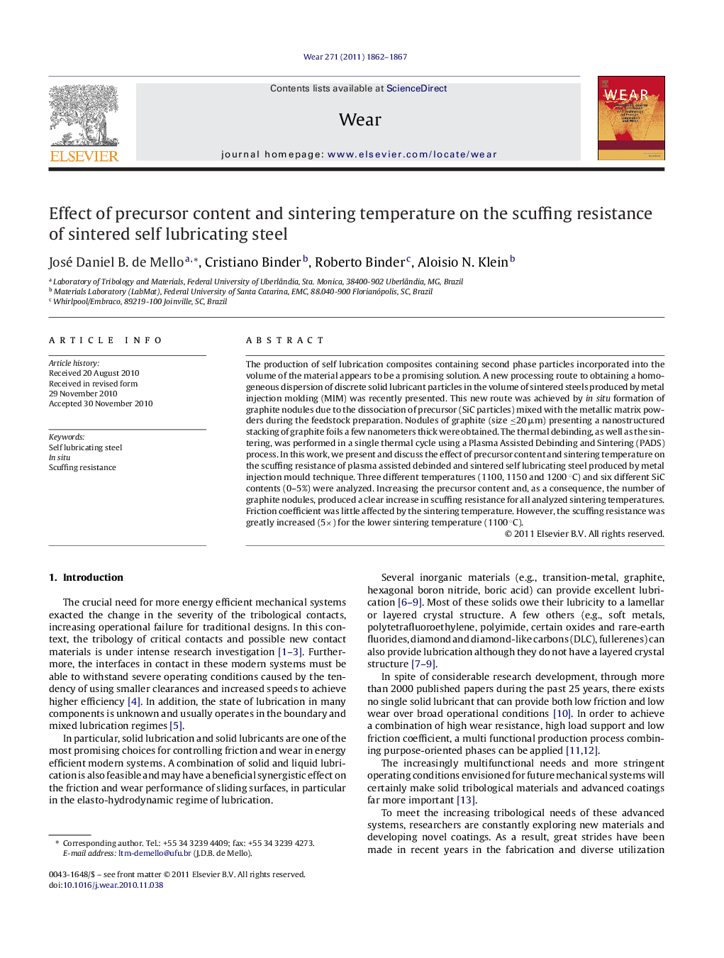 Effect of precursor content and sintering temperature on the scuffing resistance of sintered self lubricating steel