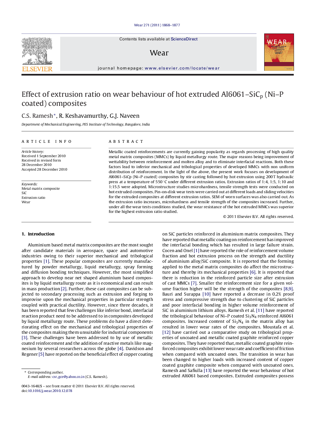 Effect of extrusion ratio on wear behaviour of hot extruded Al6061–SiCp (Ni–P coated) composites